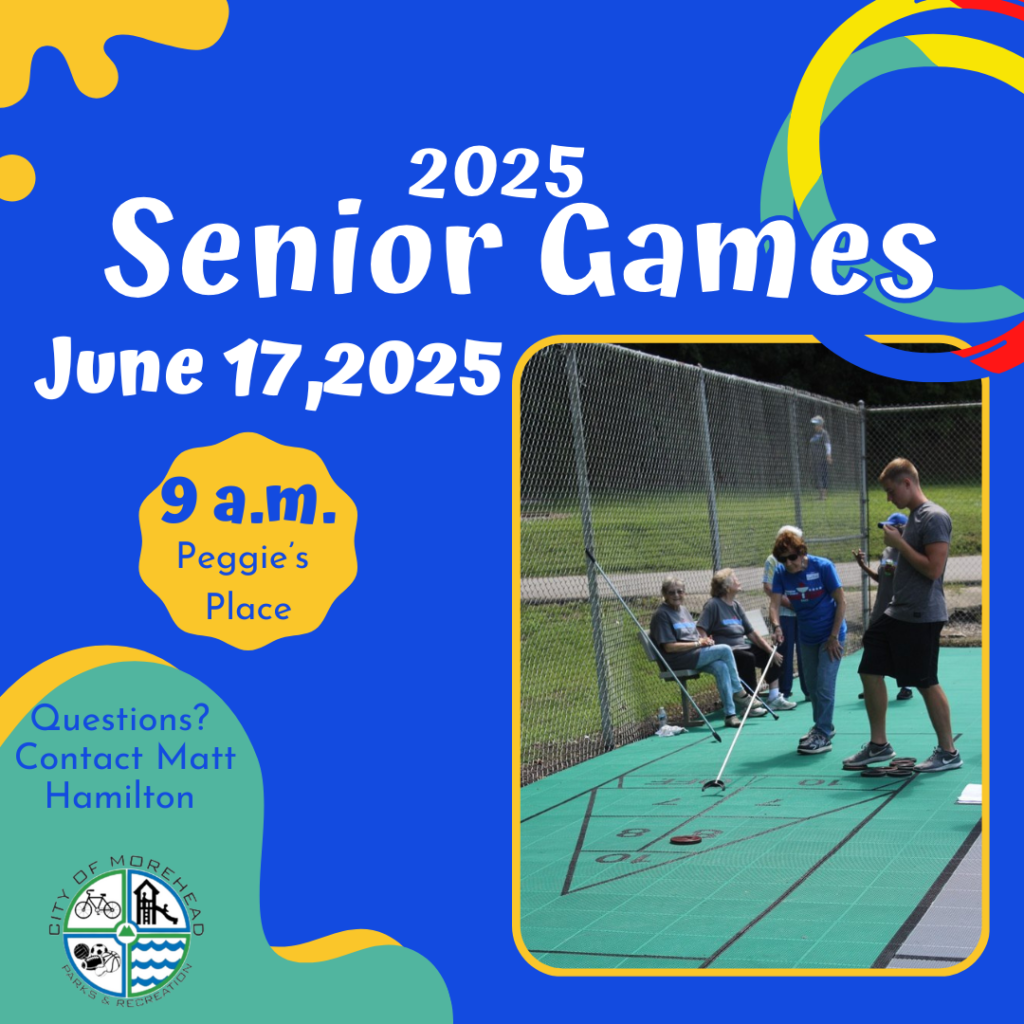 Advertisement for the 2025 Senior Games on June 17 at 9 a.m. at Peggie's Place with a photo of participants playing shuffleboard.