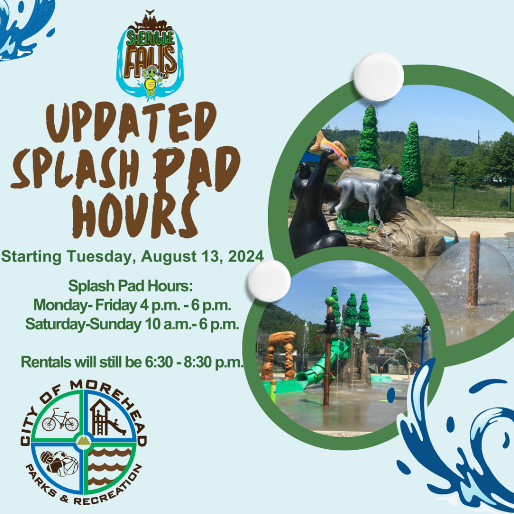 Updated splash pad hours for City of Morehead Parks & Recreation starting August 13, 2024, with pasted images of splash pad.