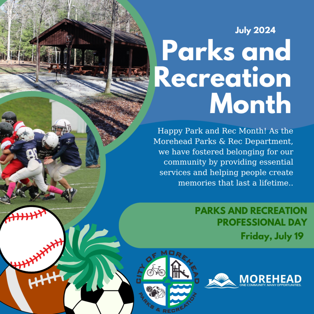July 2024 Parks and Recreation Month flyer for Morehead with sports imagery and event details for July 19.