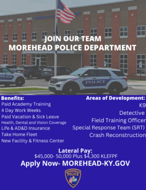 Recruitment poster for Morehead Police Department listing benefits and development areas, with an image of a police car and building.