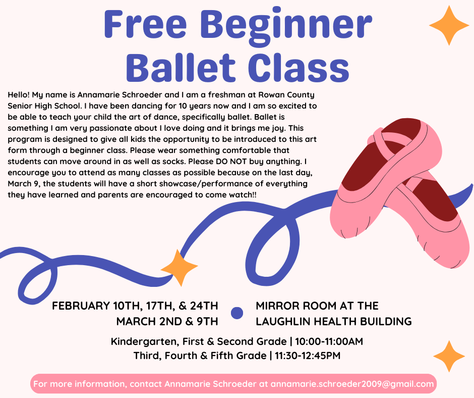Flyer for a free beginner ballet class with dates, times, and contact information, featuring pink ballet slippers.
