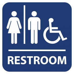 Blue restroom sign with symbols for women, men, and accessibility.