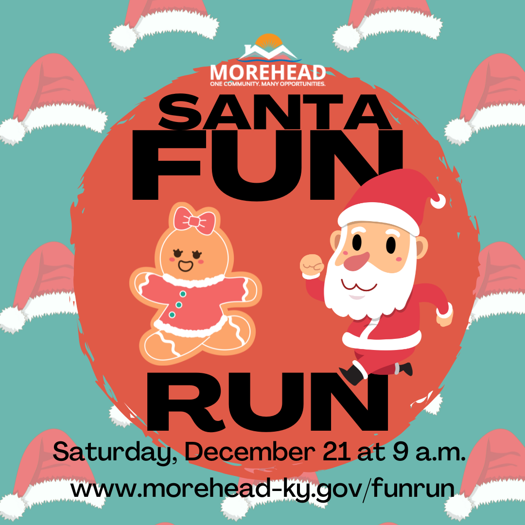 Santa Fun Run poster with a gingerbread figure, Santa, and event details for December 21 at 9 a.m.