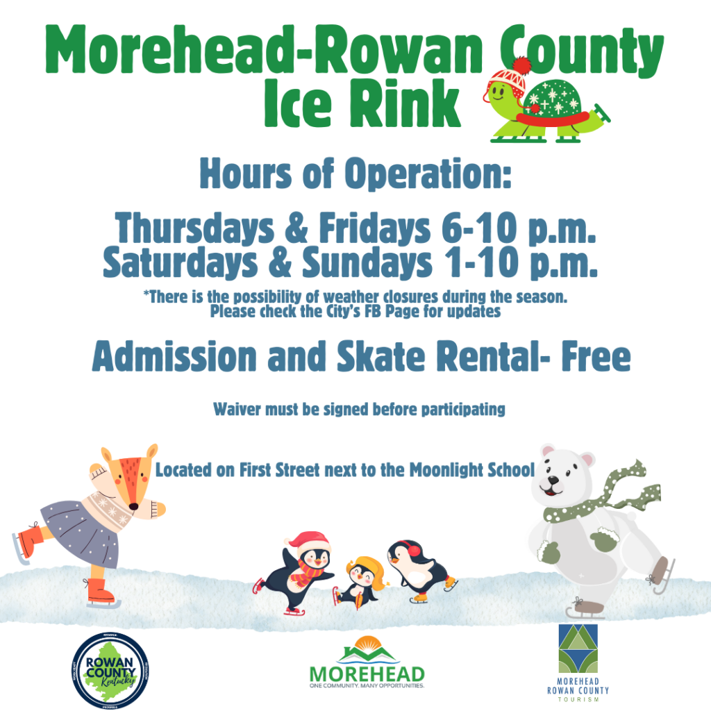 Morehead-Rowan County Ice Rink flyer with hours, location, and free admission details, featuring cartoon animals skating.