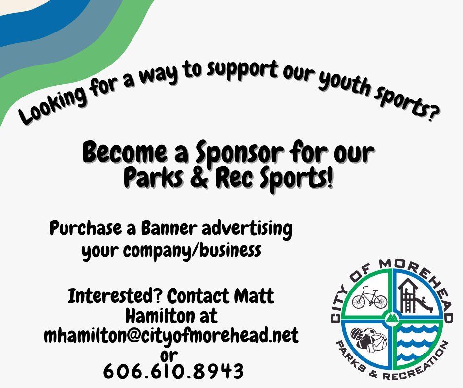 Advertisement for City of Morehead Parks & Recreation sponsorships, with contact details and the department logo.