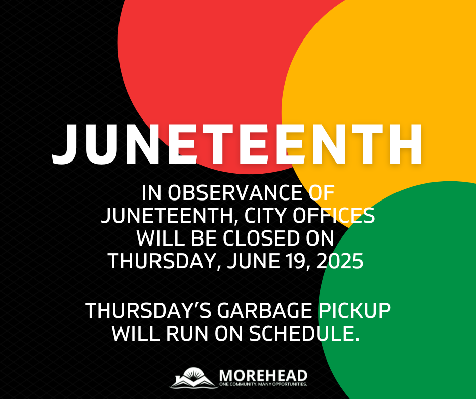 Graphic announcing Juneteenth closure: bold “JUNETEENTH” over red, yellow, and green circles on a dark background, stating city offices will be closed Thursday, June 19, 2025, and that Thursday’s garbage pickup will run on schedule.