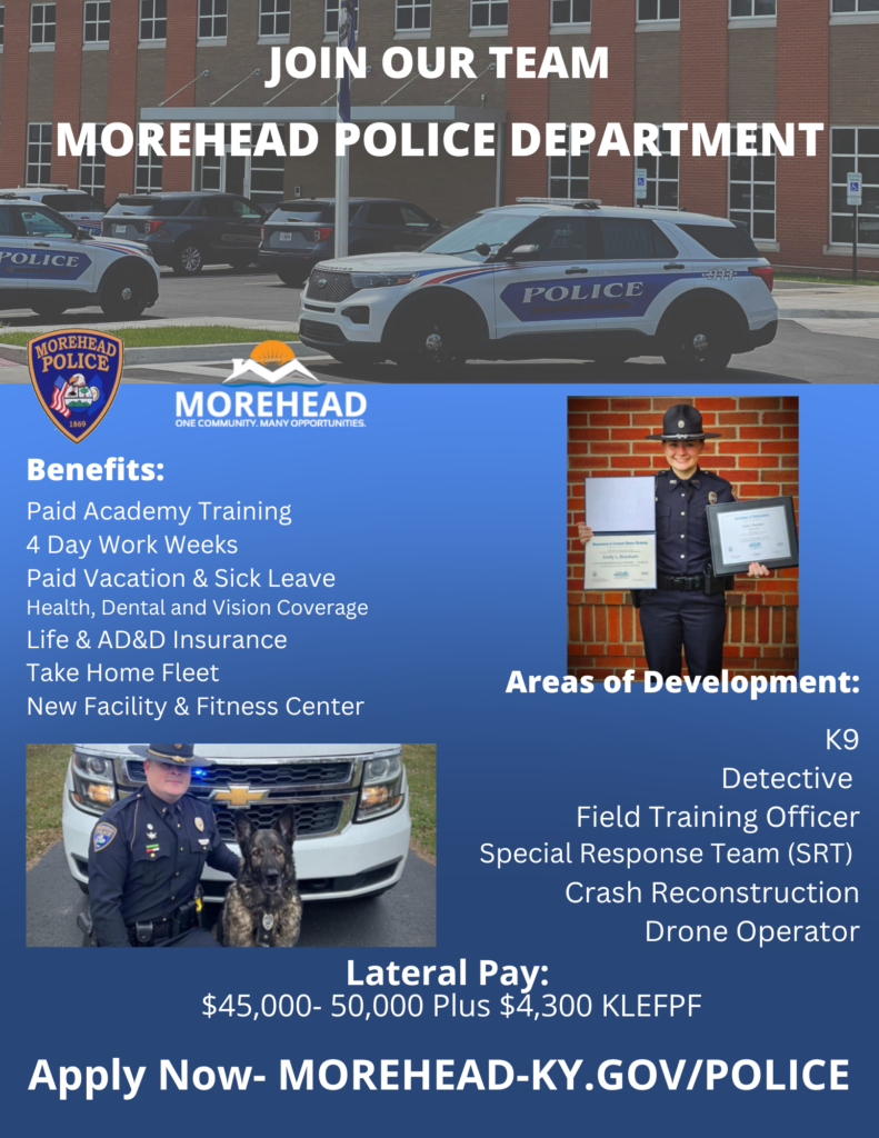 Recruitment graphic showing police SUVs outside the station with text listing benefits (paid academy, 4-day weeks, paid leave, insurance, take-home fleet, new facility), growth paths (K9, detective, FTO, SRT, crash reconstruction, drone), $45–50 K lateral pay + $4,300