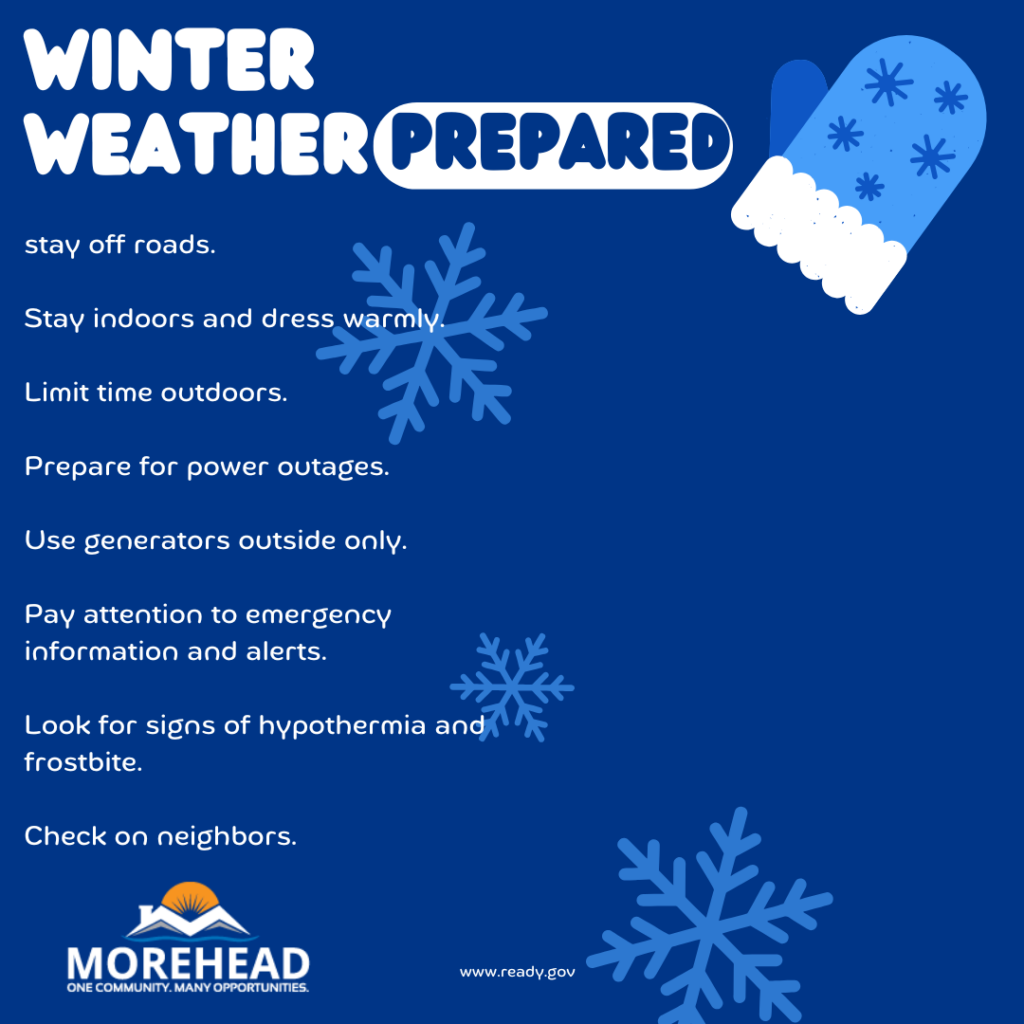 Graphic titled ‘Winter Weather Prepared’ listing safety actions—stay off roads, dress warmly, limit outdoor time, prepare for outages, use generators outside, watch alerts, check hypothermia, check on neighbors—with a mitten icon and Morehead logo.”