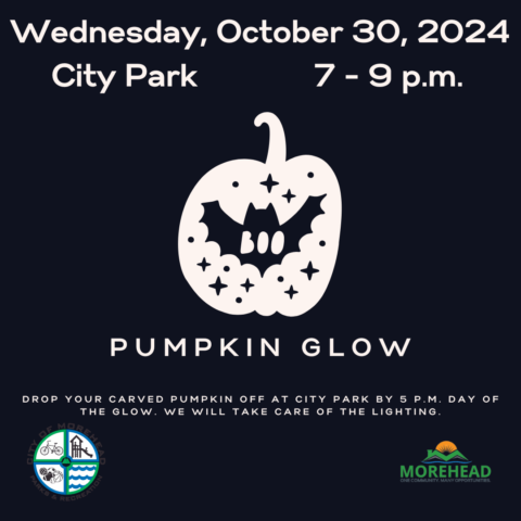 “Dark-blue poster titled ‘Pumpkin Glow’ showing a white pumpkin silhouette, event details Wednesday, October 30, 2024 at City Park 7–9 p.m., drop-off instructions for carved pumpkins, and Morehead and Parks & Rec logos.”