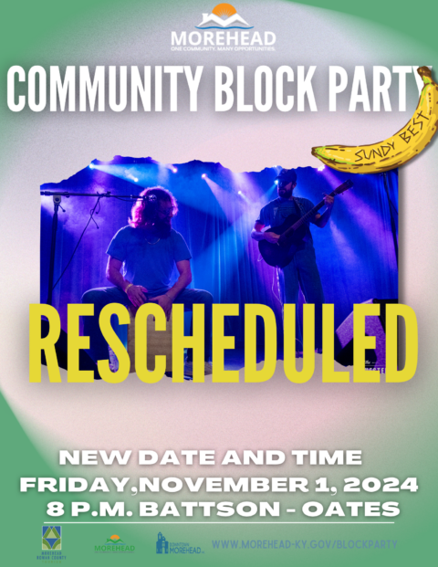 “Colorful poster of a live band on stage under the Morehead logo, headline ‘Community Block Party,’ stamped ‘Rescheduled,’ with new date Friday, November 1, 2024 at 8 p.m. and organizer logos at the bottom.”