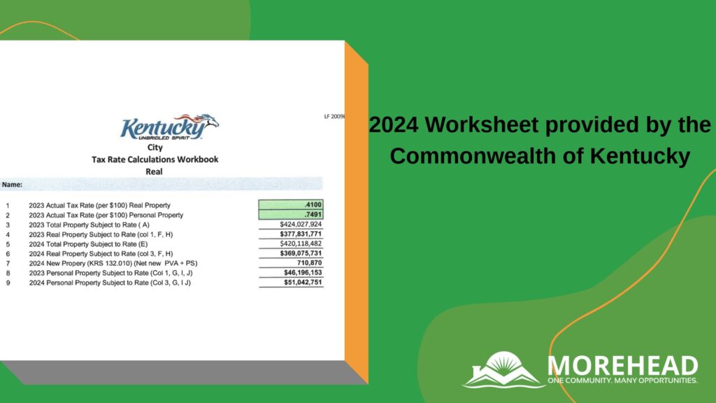 “Slide titled ‘2024 Worksheet provided by the Commonwealth of Kentucky’ showing a screenshot of the Kentucky City Tax Rate Calculations Workbook real-property table alongside the Morehead logo.”