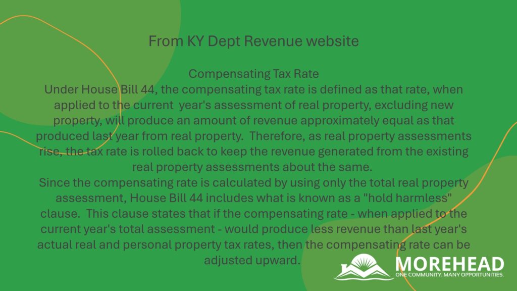 “Slide titled ‘From KY Dept Revenue website’ explaining the compensating tax-rate definition and the hold-harmless clause under House Bill 44, over a green background with the Morehead logo.”