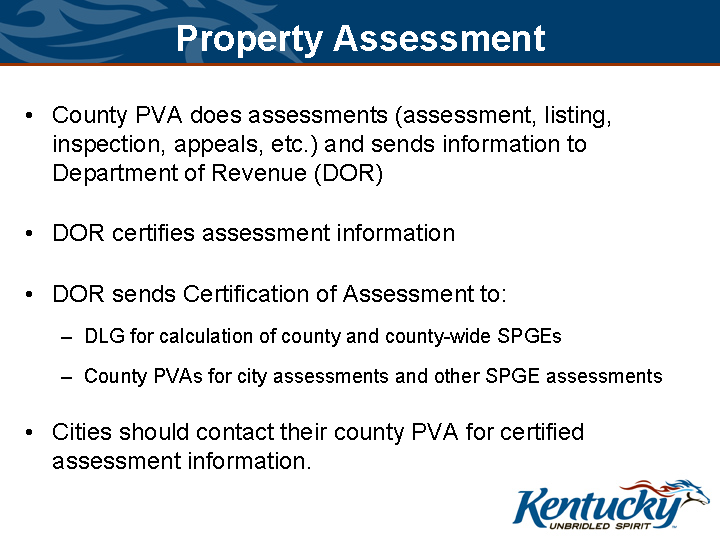 “Slide titled ‘Property Assessment’ with bullet points: County PVA performs assessments and sends data to Department of Revenue (DOR); DOR certifies information; DOR sends certification to DLG and county PVAs; cities should contact their county PVA for certified data.”