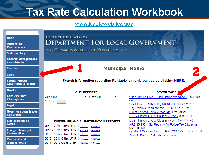 “Screenshot of the DLG Municipal Home page showing a sidebar menu (highlighting ‘Cities’) and a link to the ‘2017 City Tax Rate Calculation Workbook’ XLS download, with red arrows pointing to each.”