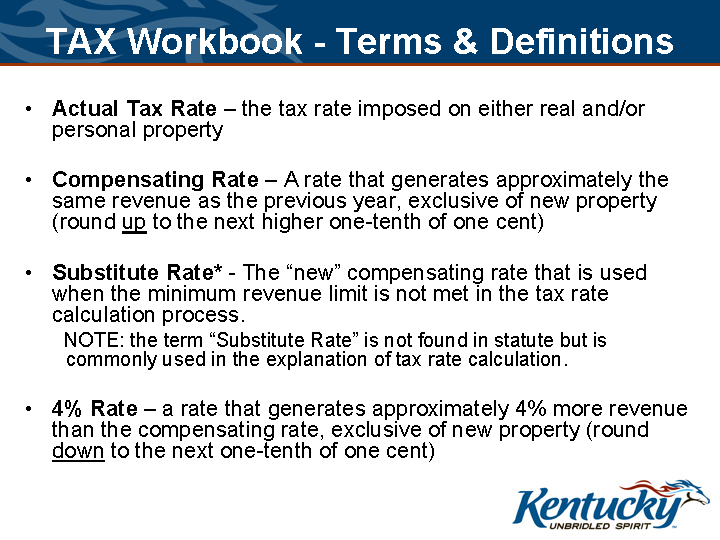 “Slide titled ‘TAX Workbook – Terms & Definitions’ defining Actual Tax Rate (imposed rate), Compensating Rate (roll-back to yield same revenue as prior year, rounded up one-tenth of a cent), Substitute Rate (new compensating rate if minimum revenue isn’t met), and 4% Rate (yields 4% more revenue, rounded down), with the Kentucky logo.”
