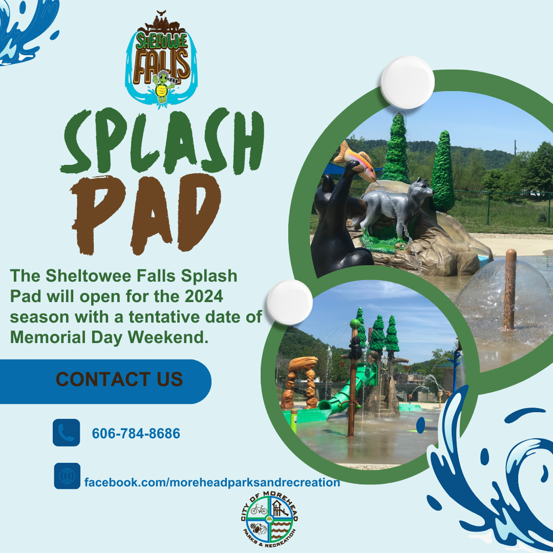 “Sheltowee Falls Splash Pad teaser showing the name logo, two circular photos of animal-themed water features, and text announcing a tentative Memorial Day weekend 2024 opening with contact info.”