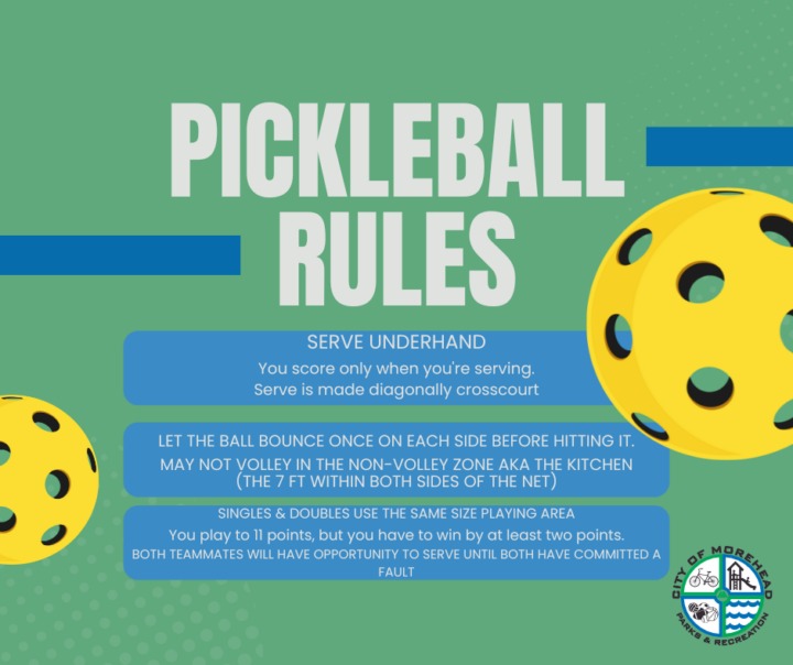 “Green-background graphic titled ‘PICKLEBALL RULES’ with bullet points: serve underhand diagonally; let the ball bounce once each side; no volleys in the non-volley ‘kitchen’; games to 11 win by two; teammates serve until both fault. City of Morehead Parks & Rec logo in corner.”